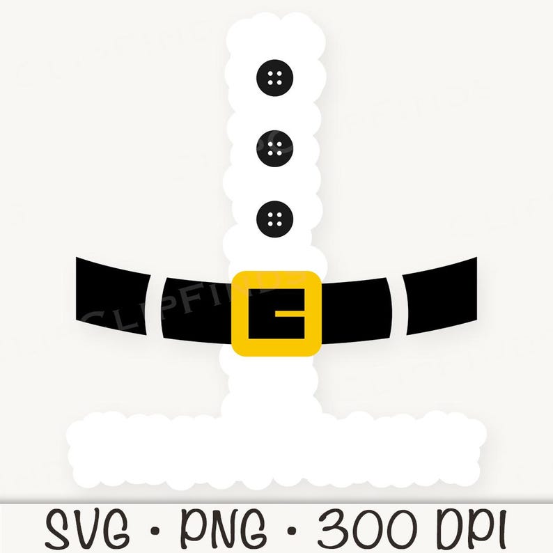 May include: A white Santa Claus suit outline with a black belt and a gold buckle. The suit has three black buttons on the front.