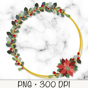 Christmas Circle Frame PNG, Christmas Floral Round Frame, Poinsettia, Mistletoe, Greenery, Eucalyptus, Photo Overlay, Digital Download