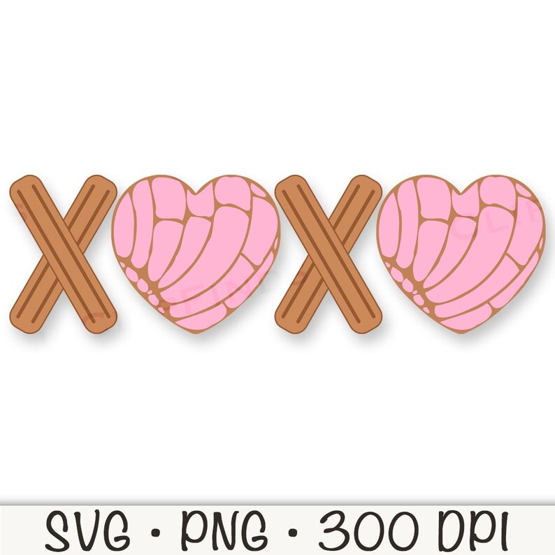 May include: A graphic design featuring two pink heart-shaped pastries with brown cinnamon stick crosses on either side, spelling out "XOXO".