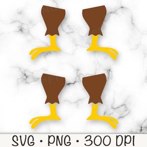 May include: Four cartoon chicken legs with brown thighs and yellow feet. The image is a digital graphic with the text "SVG • PNG • 300 DPI" at the bottom. The background is a white marble pattern.