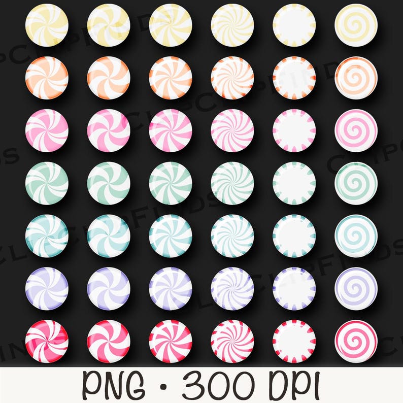 Puede incluir: Una colecci&oacute;n de dise&ntilde;os circulares coloridos con un patr&oacute;n en espiral, que se asemejan a caramelos o elementos decorativos. Los dise&ntilde;os presentan varias combinaciones de colores, incluyendo amarillo, naranja, rosa, verde, azul, morado y rojo, sobre un fondo negro. La imagen incluye el texto "PNG &bull; 300 DPI".
