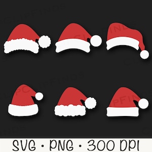 May include: Six red and white Santa hats with a white pom-pom on the top. The hats are in a variety of poses, some are straight on, some are tilted, and some are turned to the side.