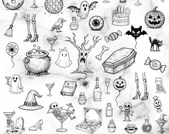 Hand-Drawn Halloween Clipart, Doodle Halloween Illustrations, Sketch, Retro, Disco, Party, Bachelorette, Whimsical Doodles, Digital Download