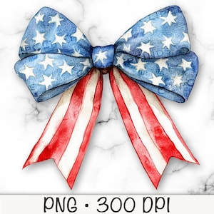 May include: Watercolor bow in patriotic colors. The bow features a blue section with white stars and red and white striped tails. The image includes the text "PNG • 300 DPI".