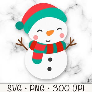 かわいい雪だるまのクリップアート、雪だるま PNG、赤ちゃん雪だるま SVG、カラー、クリスマス雪だるま、赤とミントグリーンのストライプ柄スカーフ、デジタルダウンロード