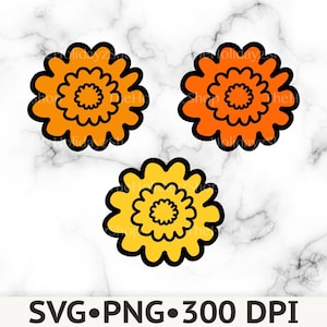 May include: Three stylized flower illustrations with thick black outlines. Two flowers are orange, and one flower is yellow. The text at the bottom reads SVG PNG 300 DPI. The design features a scalloped petal edge and a circular center detail.
