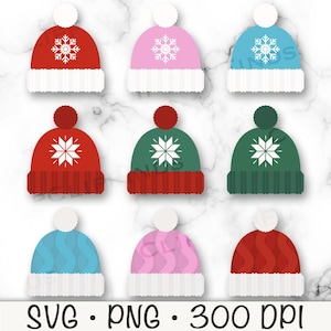 May include: Set of ten winter hat SVG cut files. The hats are in various colors including red, green, blue, pink, and white. Each hat has a snowflake design and a pom-pom on top.