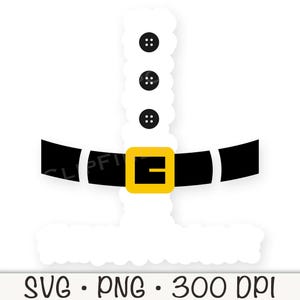 May include: A white Santa Claus costume outline with a black belt and a gold buckle. The costume has three black buttons on the front.