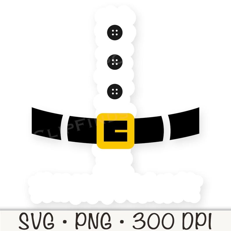 May include: A white Santa Claus costume outline with a black belt and a gold buckle. The costume has three black buttons on the front.