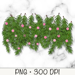 May include: A garland of green pine branches with pink ornaments. The garland is on a white marble background.