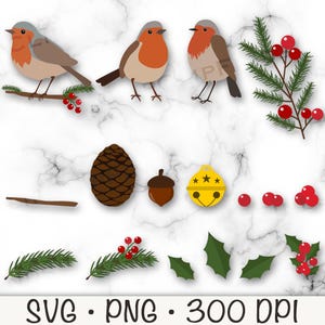 Rotkehlchen Weihnachtsvogel SVG, Rotkehlchen und Holly Berry Clip Art PNG Bundle, Eichel, Kiefernkorn, Klingel, Kiefernzweig, DIY, digitaler Download