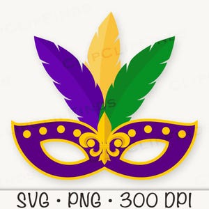 K&ouml;nnte beinhalten: Lila, gr&uuml;n und goldene Mardi Gras-Maske mit Federn. Die Maske hat ein Fleur-de-lis-Design in der Mitte.