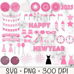Clip art de año nuevo rosa 2025, lindo clip art de año nuevo, SVG, PNG, fiesta de Nochevieja, fiesta de año nuevo para niñas, descarga digital instantánea