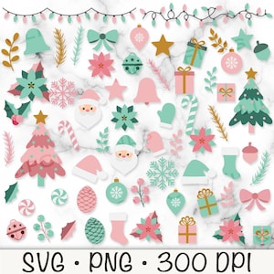 May include: A collection of 40 Christmas-themed clip art images in pink, green, and gold. The images include a Christmas tree, Santa Claus, presents, ornaments, candy canes, snowflakes, stars, bells, and more.