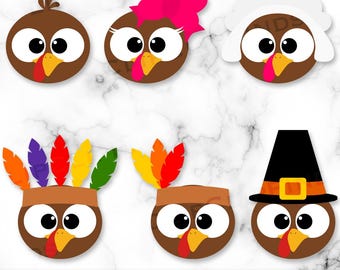 Turkey Faces, Cute Turkey Faces, Girl Turkey, Boy Turkey, Baby Turkey, Pilgrim, SVG, PNG, Clip Art, Instant Digital Download