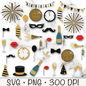 May include: A set of 20 New Year's Eve party clipart images in black, gold, red, and white. The images include a clock, champagne bottle, fireworks, party hats, a disco ball, and more.
