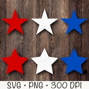 May include: Six star-shaped graphics in red, white, and blue, arranged on a wooden background. The image includes the text "SVG • PNG • 300 DPI" at the bottom, indicating file formats and resolution.