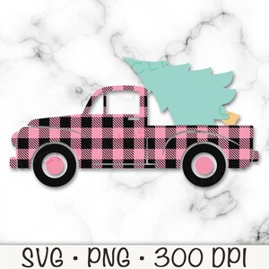 May include: A pink and black buffalo plaid pickup truck with a teal Christmas tree in the bed.