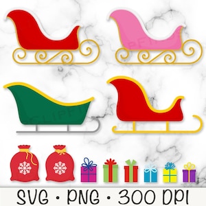 Clipart traîneau, traîneau PNG, SVG, traîneau de Noël, cadeaux de Noël, sac cadeau père Noël, Clipart Noël, téléchargement numérique, rose, vert