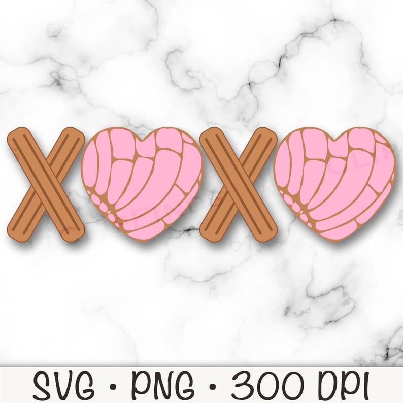 May include: A pink heart-shaped pastry with a brown swirl design, surrounded by two brown cinnamon sticks forming an 'X' on each side. The design reads 'XOXO' with the hearts representing the 'O's.