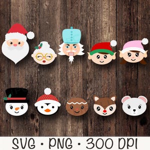 Könnte beinhalten: Ein Set mit 10 Weihnachtsmotiven von Charaktergesichtern, darunter Weihnachtsmann, Lebkuchenmann, Pinguin, Schneemann, Rentier, Elf, Nussknacker, Oma, Eisbär und ein Mädchen mit rosa Schleife. Die Gesichter sind alle bunt und im Cartoon-Stil gehalten.