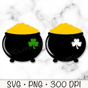 Puede incluir: Dos ollas negras llenas de monedas de oro y un trébol verde. Las ollas son un símbolo tradicional del Día de San Patricio.