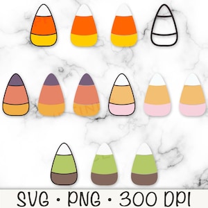 May include: Set of 12 digital clipart images of candy corn in various colors and styles, including orange, yellow, white, purple, pink, green, and brown.  SVG, PNG, 300 DPI.