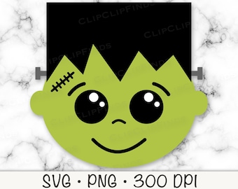 May include: Green and black cartoon monster face with stitches on its forehead and big eyes.  The monster has a small smile.