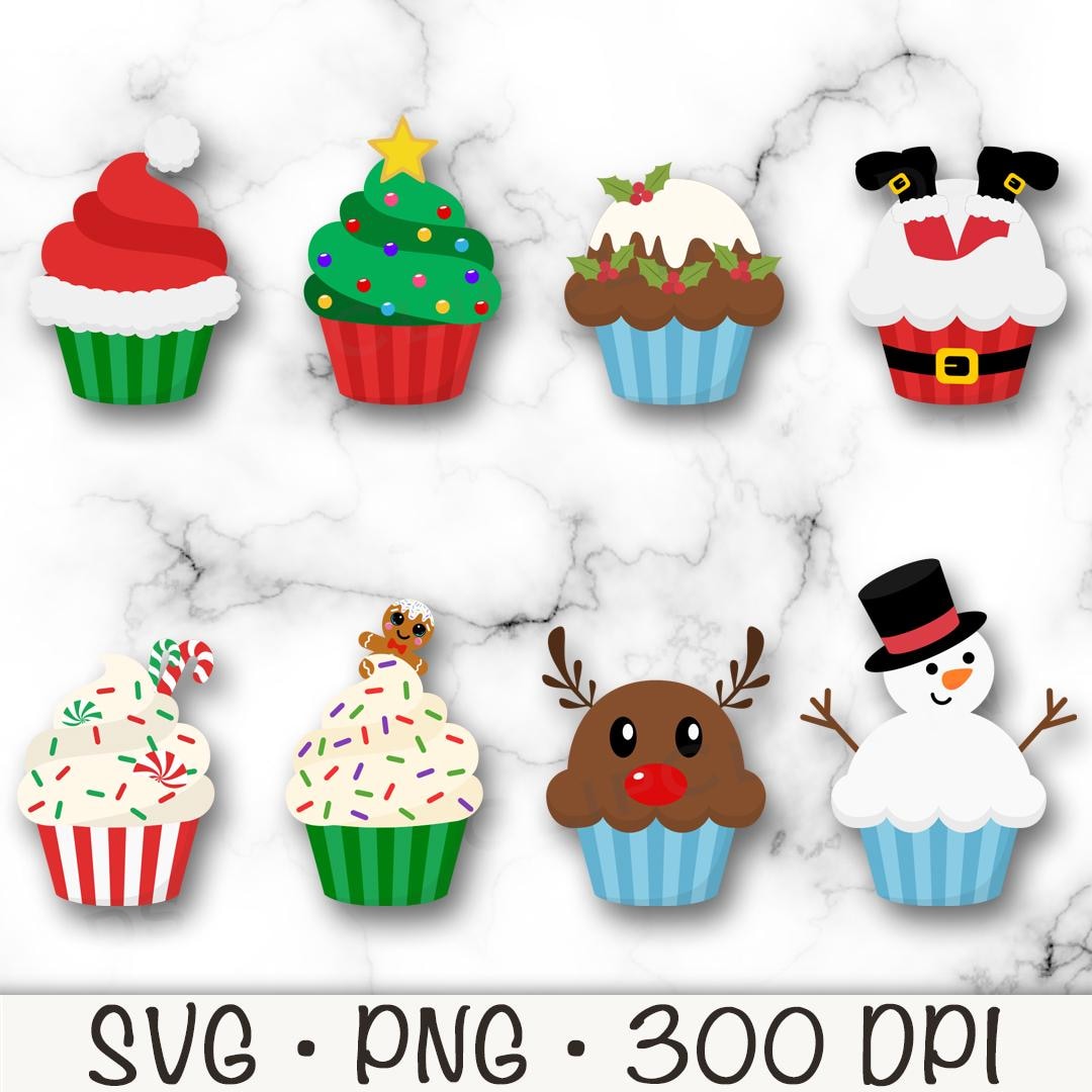 Christmas Cupcakes Clipart, Christmas Cupcake Characters PNG, Santa Hat ...