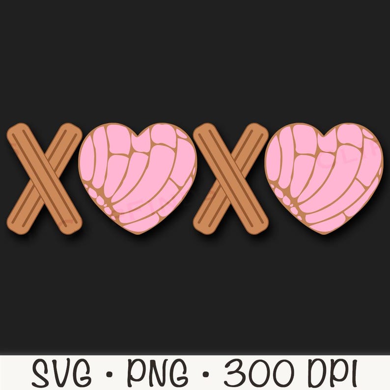 May include: A graphic design featuring two pink heart-shaped pastries with a brown swirl pattern, and two brown cinnamon sticks crossed in an 'X' shape, forming the letters 'XOXO'.