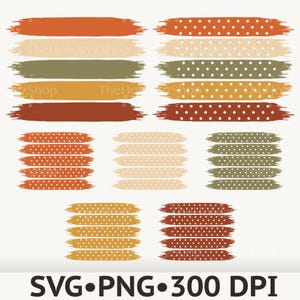 May include: A collection of horizontal brush stroke graphics in autumn colours including orange, cream, olive green, and brown. Some strokes are solid, while others feature white polka dots. The text SVG PNG 300 DPI appears at the bottom.