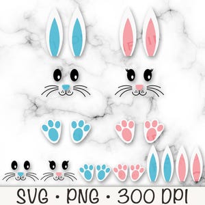 Puede incluir: Un conjunto de clipart digital con orejas de conejo, caras y huellas de patas en colores rosa y azul. El clipart es perfecto para proyectos de manualidades, scrapbooking y diseño digital.