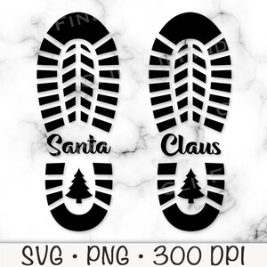 May include: Black graphic of two Santa Claus footprints with the words "Santa" and "Claus" below each footprint. Each footprint has a Christmas tree design. The image also includes "SVG • PNG • 300 DPI".