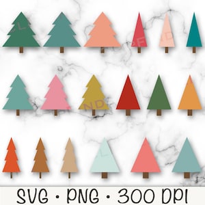 May include: Set of 18 colourful Christmas tree illustrations in various shades of green, red, pink, blue, brown, and yellow. The trees are all the same size and shape, and they are arranged in three rows of six trees each. The trees are on a white marble background. SVG PNG 300 DPI.