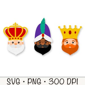 May include: Three cartoon faces of the Three Wise Men, each wearing a crown. The first face is a white man with a red and gold crown and a white beard. The second face is a black man with a purple turban and a gold crown. The third face is a white man with a yellow and gold crown and a red beard.