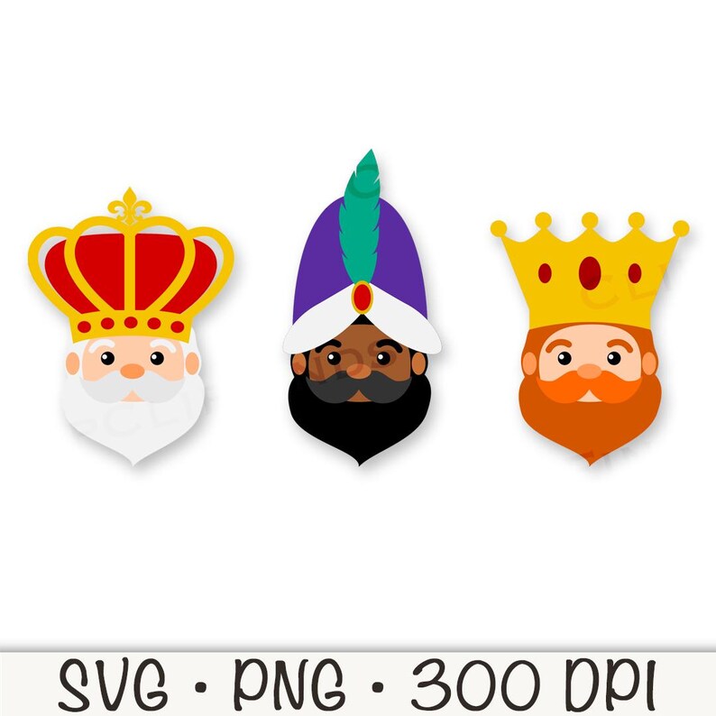 May include: Three cartoon faces of the Three Wise Men, each wearing a crown. The first face is a white man with a red and gold crown and a white beard. The second face is a black man with a purple turban and a gold crown. The third face is a white man with a yellow and gold crown and a red beard.