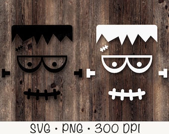 May include: Two black and white Frankenstein monster faces on a wood background. The faces are simple and feature a stitched mouth, eyes, and eyebrows.