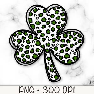 May include: A three-leaf clover design with a black outline, white background, and green leopard print pattern. The image includes the text "PNG • 300 DPI".