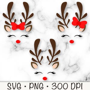 Schattig rendiergezicht met wimpers en strik, meisjesrendier, kerstrendier, SVG, PNG, sublimatie, instant digitale download