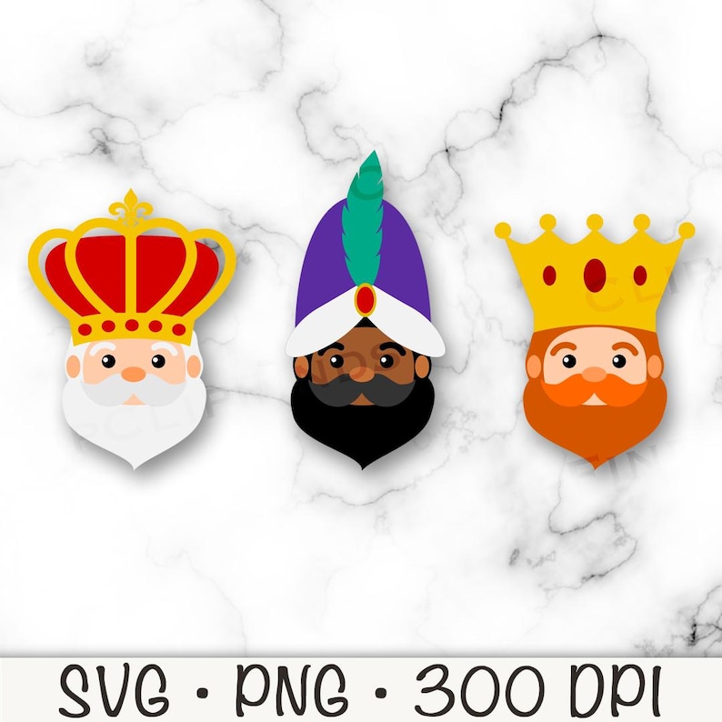 May include: Three cartoon wise men with crowns and beards. The wise man on the left has a red and gold crown, the wise man in the middle has a purple turban, and the wise man on the right has a gold crown.