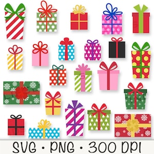 Regalos de Navidad SVG, regalos de Navidad PNG, regalos de Navidad Clipart, lindos regalos de Navidad, caja de regalo con lazo, minimalista, plano, preppy