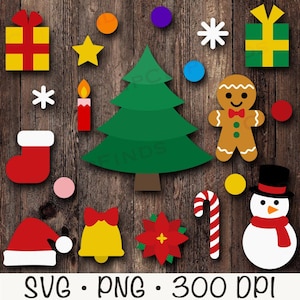 May include: A collection of Christmas-themed cutouts, including a green Christmas tree, a gingerbread man, a snowman, and a Santa hat. Other elements include a red stocking, a candle, a bell, and gift boxes. The image also contains the text "SVG • PNG • 300 DPI".