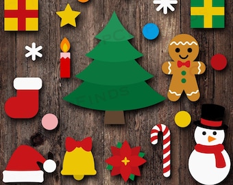 Kerst clipart, SVG, png, plat, eenvoudig, leuk, feestelijk, boom, peperkoekmannetje, sneeuwpop, bel, kous, snoepgoed, kerstster, hoed, sneeuw