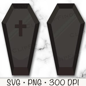May include: Two black coffin shaped cutouts. One coffin has a cross on the front.