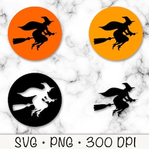 Flying Witch, Witch Flying on Broom over the Moon, Witch SVG Vector Cut File and PNG Transparent Background, Clip Art, Instant Download