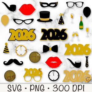 Clipart de Año Nuevo 2026, Accesorios para fotos SVG 2026, Accesorios vectoriales para fotomatón, PNG, Año Nuevo, Decoración para fiesta de Año Nuevo, Descarga digital