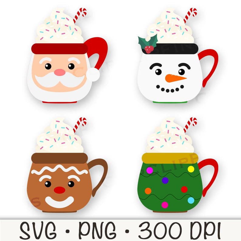 May include: Four different Christmas-themed mugs with whipped cream and sprinkles. The mugs are decorated with Santa Claus, a snowman, a gingerbread man, and a Christmas tree.
