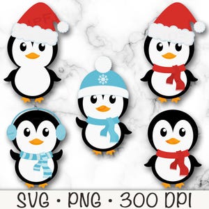 ペンギン SVG、かわいい男の子ペンギン PNG、ペンギン クリップアート、クリスマス ペンギン、耳あて、スカーフ、サンタ帽子、青い男の子ペンギン、デジタル ダウンロード ファイル