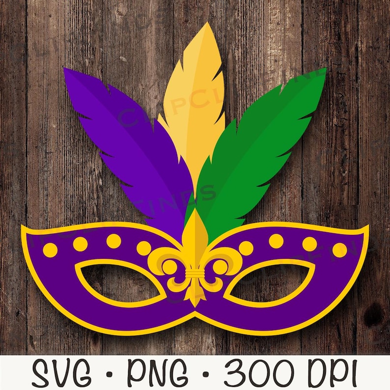 K&ouml;nnte beinhalten: Lila, gr&uuml;ne und gelbe Mardi Gras-Maske mit einem Fleur-de-lis-Design und goldenen Verzierungen. Die Maske ist vor einem Holzmaserungshintergrund platziert.