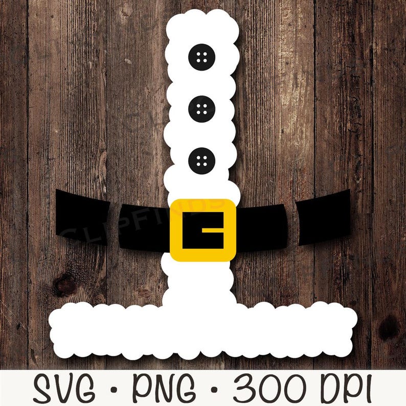 May include: A white Santa Claus suit cutout with a black belt and a gold buckle. The suit has three black buttons on the front.